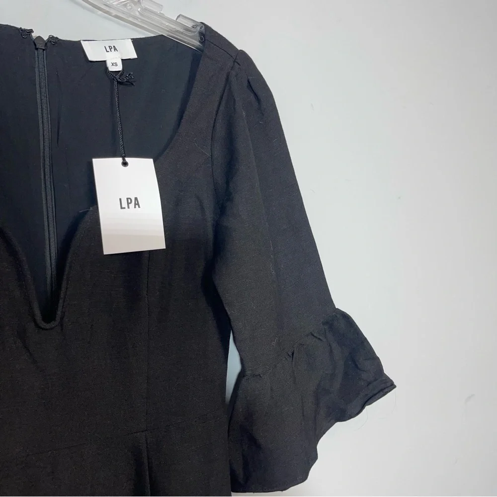 NWT LPA Revolve Dress 495 Black XS Linen Blend Ruffle Mini Minimalist Boho LBD - Picture 8 of 16